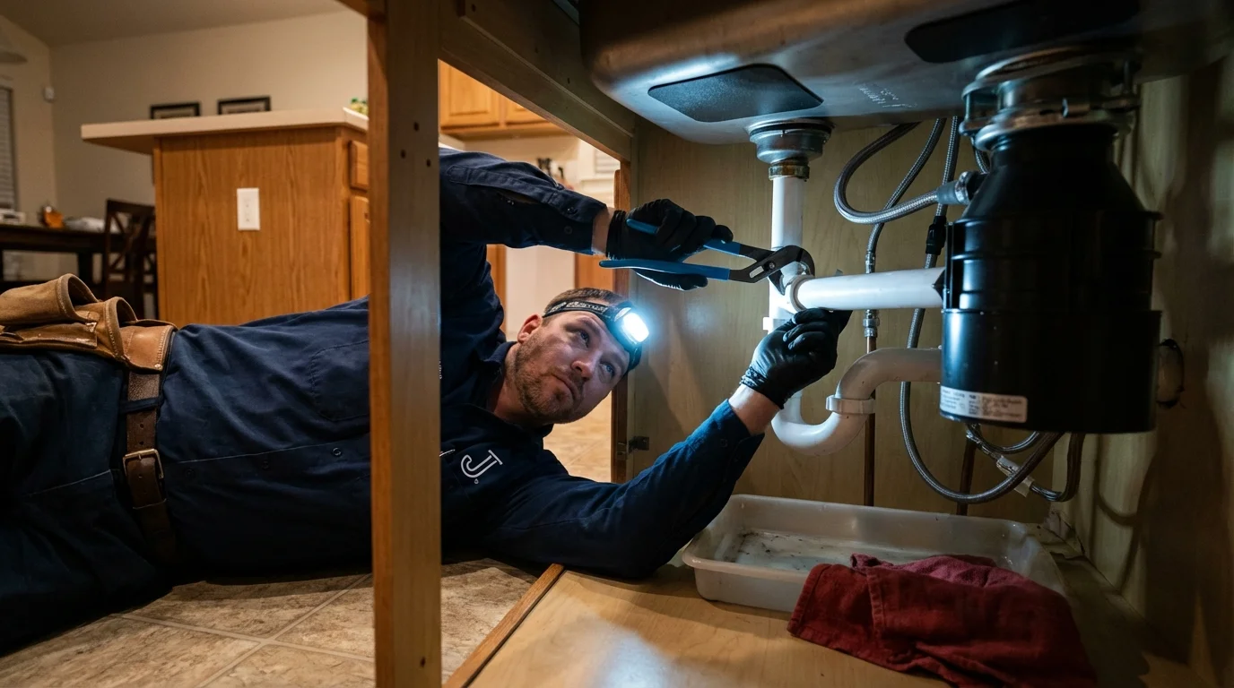 P-trap and supply line connections under a kitchen sink showing a common leak point in Colorado City, CO